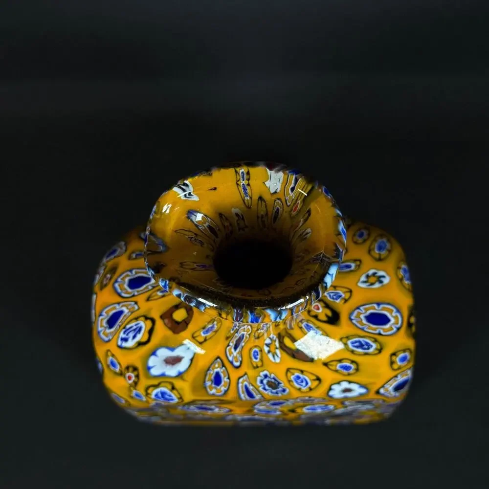 Murano Millefiori Art Glass Vase Yellow Orange Blue Multicolor 8.5